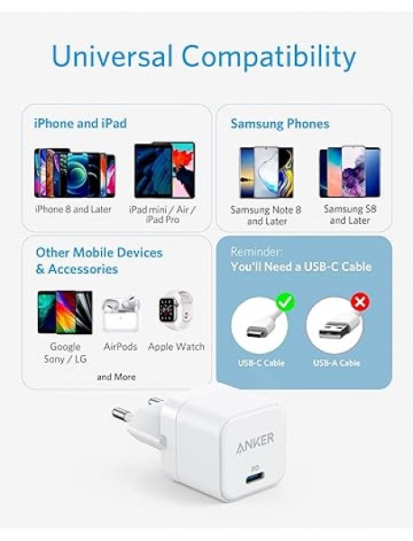 Anker PowerPort III Cube Şarj Cihazı, USB-C 20W, PowerIQ 3.0 Teknolojisi, Kompakt Tasarım, Akım Koruması ve Sıcaklık Kontrolü