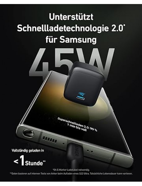 Anker 313 GaN USB-C Şarj Cihazı 45W, Samsung Süper Hızlı Şarj 2.0 Destekli, MultiProtect Koruması,%30 daha küçük