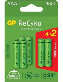Gp Batteries Recyko+ 1000 Aaa Ince Kalem Ni-Mh Şarjlı Pil, 1.2 Volt, 6'Lı Kart