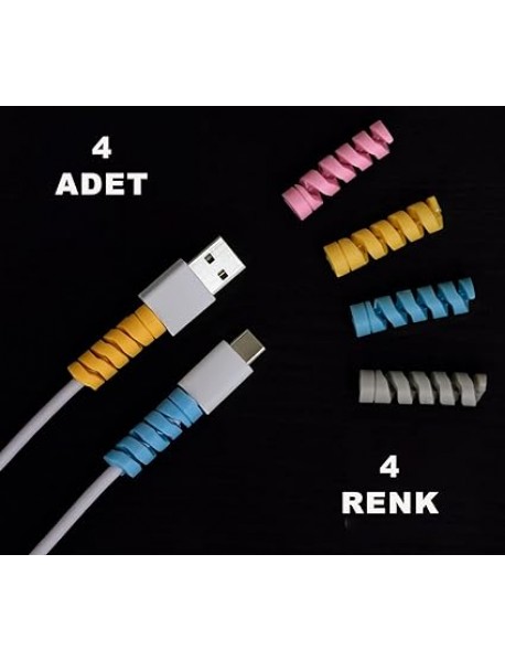 4 Adet Spiral Kablo Koruyucu iPhoneMicro USB ve Tüm Kablolar İçin Kablo Koruyucu Spiral 4 Renk